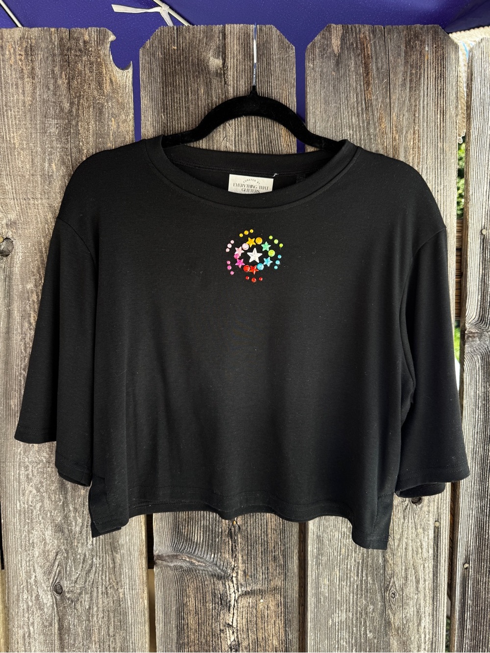 Everything That Glitters Black Cropped Tee Shirt Rainbow Star Bedazzled Upcycled